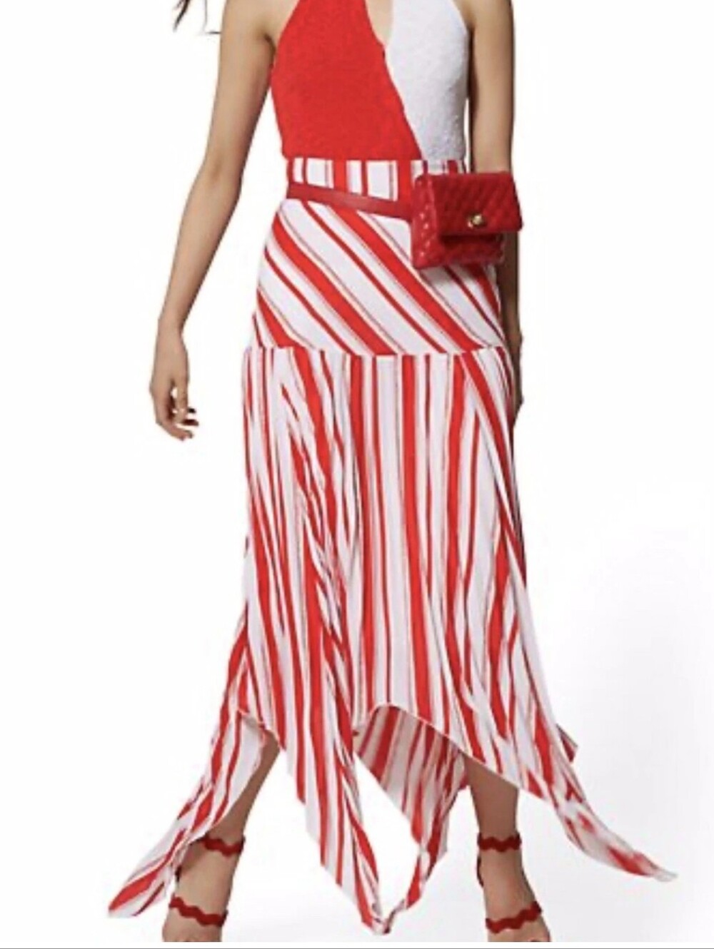 ​NY&Co Red White Striped Pleated Handkerchief Hem Skirt NWT Size 0